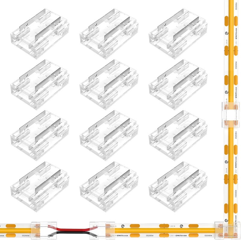 EMITEVER ​ 8-in-1 LED Strip Connectors 12pcs, 2 Pin 8mm COB Tape Lights Terminal Connectors 8 Types Solderless Transparent Connection for​ 5V 12V 24V（Straight, Corner, Strip to Strip, Strip to Wire） - Image 1